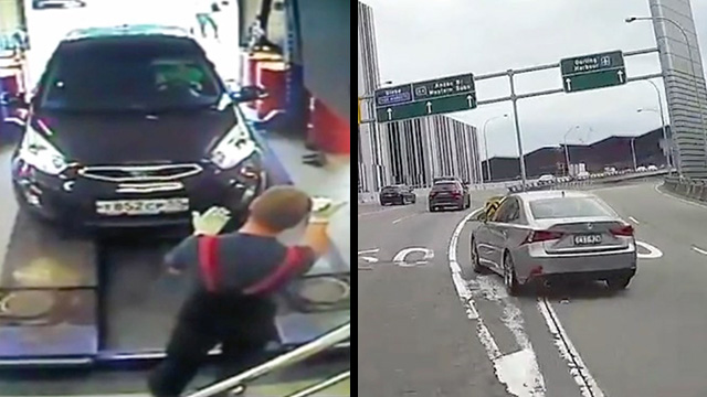 Confused Driver Crashes In Auto Shop & Innocent Car Captures Footage Of
